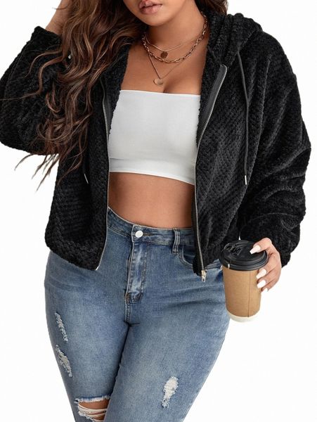 plus size outerwear & coats plus drop shoulder drawstring hooded flannel jacket l3um#, Black