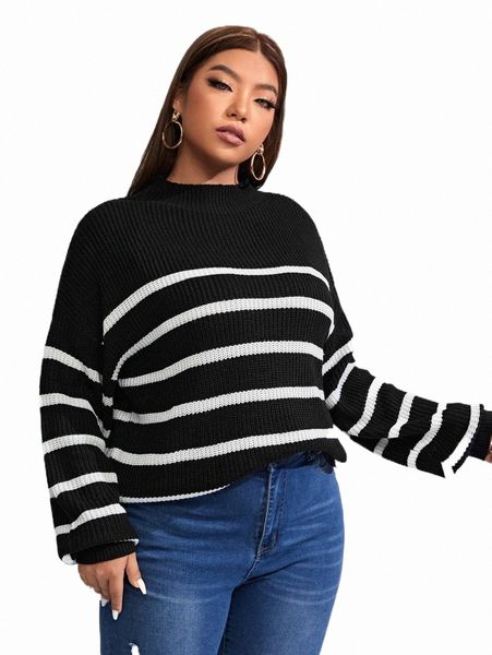 plus size t-shirt plus striped pattern drop shoulder sweater 43zz#, Black