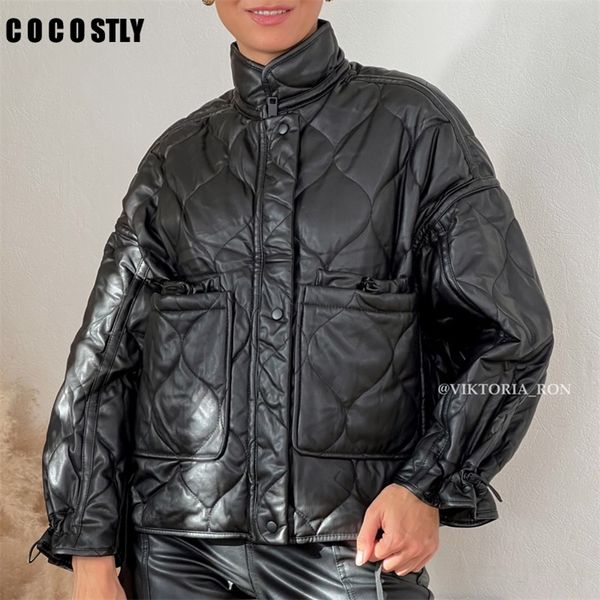 women's leather faux winter jacket women parkas stand collar loose drawstring leather parka coat cotton short trf 220905, Black
women's leather faux winter jacket women parkas stand collar loose drawstring leather parka coat cotton short trf 220905, Black