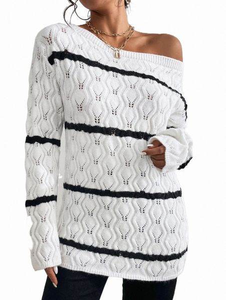 women's sweaters striped pattern asymmetrical neck drop shoulder sweater 97i8#, White;black
women's sweaters striped pattern asymmetrical neck drop shoulder sweater 97i8#, White;black