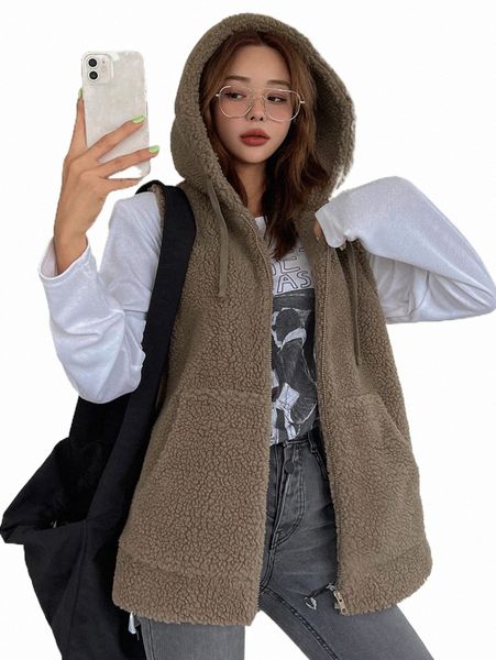 women's jackets dazy solid drawstring hooded teddy vest jacket z4ta#, Black;brown 
women's jackets dazy solid drawstring hooded teddy vest jacket z4ta#, Black;brown