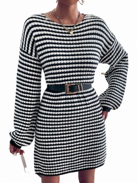 women's sweaters striped pattern drop shoulder sweater dress without belt o79r#, White;black
women's sweaters striped pattern drop shoulder sweater dress without belt o79r#, White;black