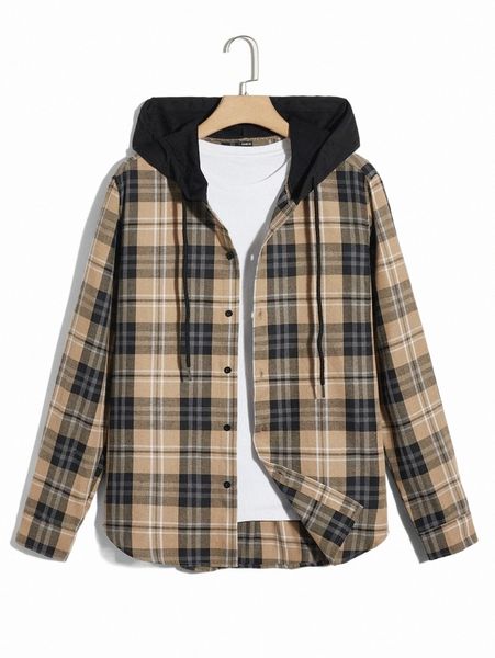 men's casual shirts men plaid print drawstring hooded shirt without tee r8hb#, White;black
men's casual shirts men plaid print drawstring hooded shirt without tee r8hb#, White;black