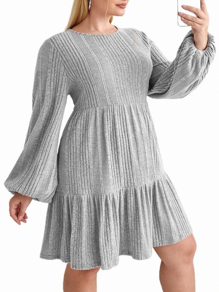 plus size dresses plus lantern sleeve ruffle hem rib-knit dress m4wy#, Black
