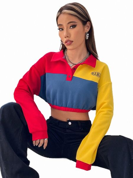 women's hoodies & sweatshirts color block polo neck crop sweatshirt d1oe#, Black
women's hoodies & sweatshirts color block polo neck crop sweatshirt d1oe#, Black