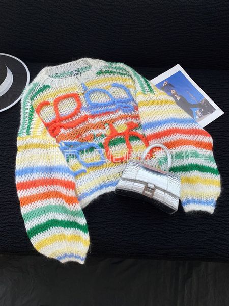 women's sweaters designer luo loe's 22 autumn and winter new rainbow contrast striped mohair loose knit sweater shenzhen nanyou ho, White;black
women's sweaters designer luo loe's 22 autumn and winter new rainbow contrast striped mohair loose knit sweater shenzhen nanyou ho, White;black