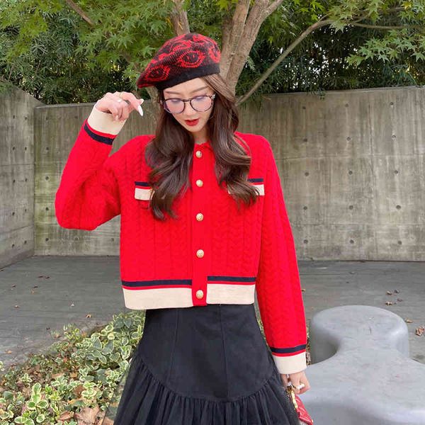 women's knits tees fadan early spring xiaoxiangfeng red knitted cardigan contrast sweater lapel jacket, White
women's knits tees fadan early spring xiaoxiangfeng red knitted cardigan contrast sweater lapel jacket, White
