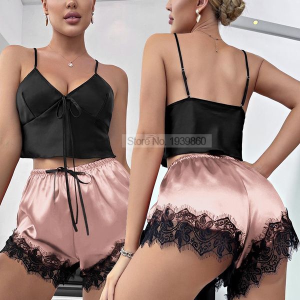 lady v-neck cami sleepwear amp shorts pajamas suit with lace satin nightgown, Black;red
lady v-neck cami sleepwear amp shorts pajamas suit with lace satin nightgown, Black;red