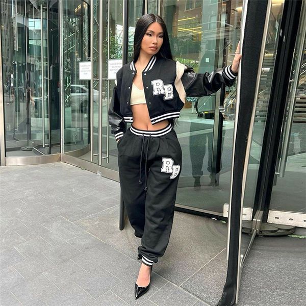 women jacket 2022 autumn new clothing fashion embroidered patch fabric splicing faux leather loose stand collar baseball jacket, Black;brown
women jacket 2022 autumn new clothing fashion embroidered patch fabric splicing faux leather loose stand collar baseball jacket, Black;brown