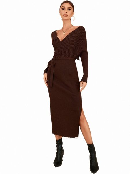 women's sweaters plunging neck batwing sleeve split hem belted sweater dress d1do#, White;black
women's sweaters plunging neck batwing sleeve split hem belted sweater dress d1do#, White;black