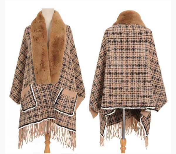 women's plaid knitted tassel poncho shawl cape with faux fur collar vintage classic cardigan for winter fall plush size, Black
women's plaid knitted tassel poncho shawl cape with faux fur collar vintage classic cardigan for winter fall plush size, Black