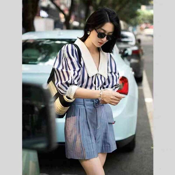 women's blouses shirts french style lace large lapel cotton color contrast stripe bubble sleeve shirt top, White
women's blouses shirts french style lace large lapel cotton color contrast stripe bubble sleeve shirt top, White