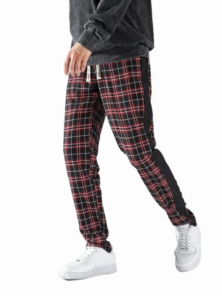 men's pants men plaid contrast sideseam drawstring waist pants o6es#, Black 
men's pants men plaid contrast sideseam drawstring waist pants o6es#, Black