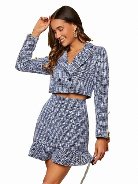 two piece dress plaid pattern double button crop blazer & ruffle hem skirt o91j#, White
two piece dress plaid pattern double button crop blazer & ruffle hem skirt o91j#, White