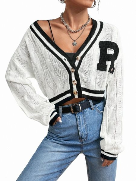 women's sweaters letter patch detail drop shoulder contrast trim cable knit cardigan 01qt#, White;black
women's sweaters letter patch detail drop shoulder contrast trim cable knit cardigan 01qt#, White;black