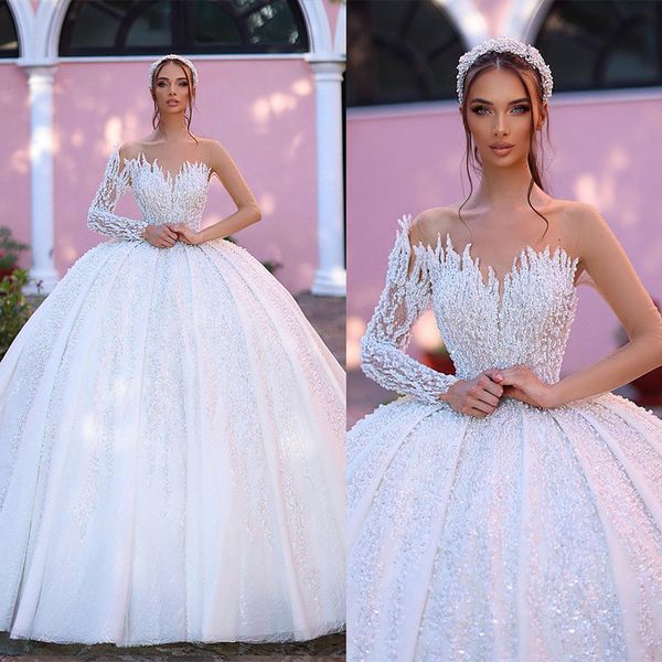 luxury ball gown wedding dresses deep v neck one long sleeve beads sequins appliques lace pearls ruffles floor length bridal gowns plus size, White
luxury ball gown wedding dresses deep v neck one long sleeve beads sequins appliques lace pearls ruffles floor length bridal gowns plus size, White