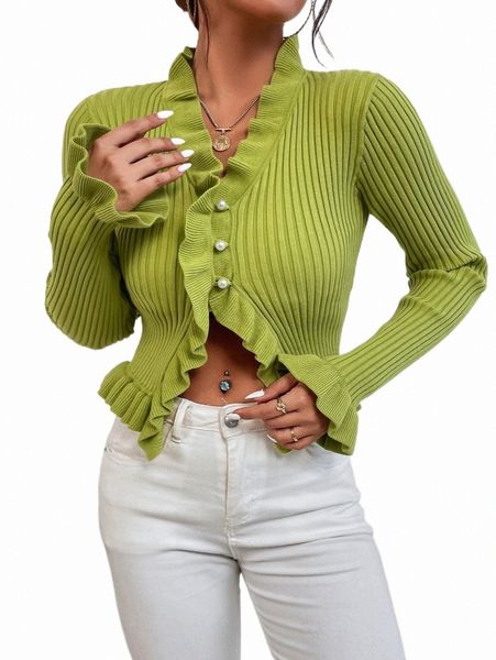 women's sweaters flounce sleeve ruffle trim pearl-button cardigan a3ne#, White;black
women's sweaters flounce sleeve ruffle trim pearl-button cardigan a3ne#, White;black