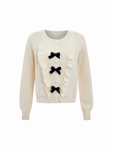 women's sweaters mod bow front ruffle trim cardigan z9yv#, White;black 
women's sweaters mod bow front ruffle trim cardigan z9yv#, White;black