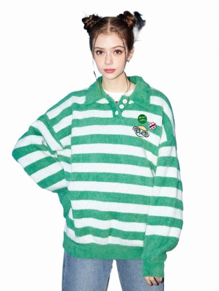 women's sweaters striped pattern polo neck drop shoulder fluffy knit sweater with badge d8dk#, White;black
women's sweaters striped pattern polo neck drop shoulder fluffy knit sweater with badge d8dk#, White;black