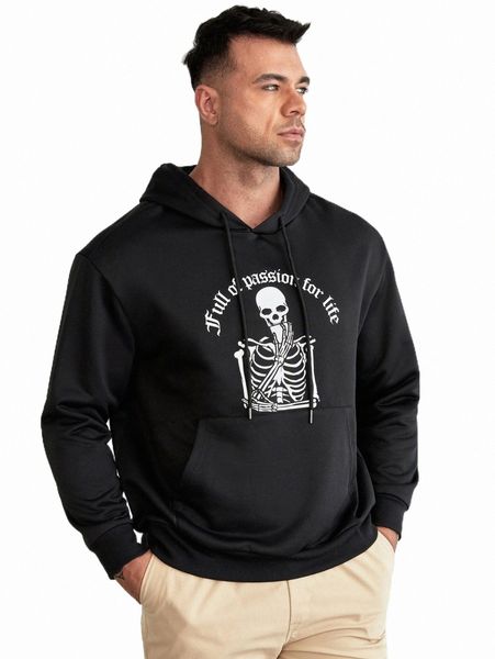 men's hoodies & sweatshirts extended sizes men slogan & skeleton print kangaroo pocket drawstring hoodie v8sa#, Black