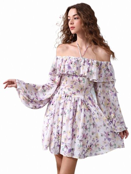 casual dresses mod allover floral print ruffle trim dress 30g1#, Black;gray 
casual dresses mod allover floral print ruffle trim dress 30g1#, Black;gray