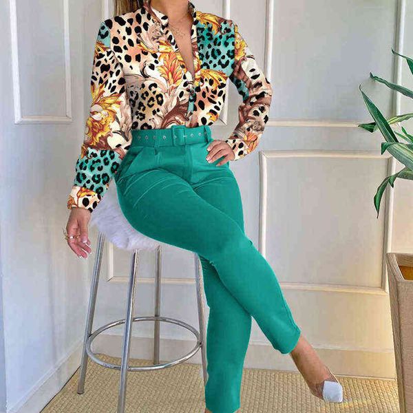 women's two piece pants lady office temperament long sleeve suit spring elegant outfit fashion printed stand collar shirt with belt pen, White
women's two piece pants lady office temperament long sleeve suit spring elegant outfit fashion printed stand collar shirt with belt pen, White