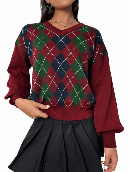 women's sweaters argyle pattern drop shoulder sweater k43i#, White;black