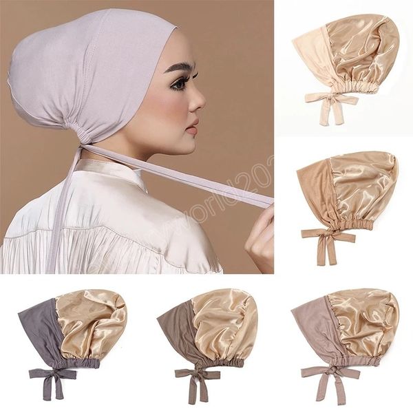 double layer muslim satin hijab cap full cover inner hat islamic head wear stretch turban underscarf bonnet straps headband, Blue;gray
double layer muslim satin hijab cap full cover inner hat islamic head wear stretch turban underscarf bonnet straps headband, Blue;gray