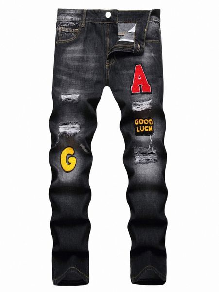 men's jeans men letter patch detail ripped straight leg jeans h9rv#, Blue