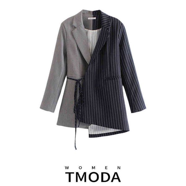 suit tmoda794 2022 spring fall loose fit black striped split joint bandage jack, White;black
suit tmoda794 2022 spring fall loose fit black striped split joint bandage jack, White;black