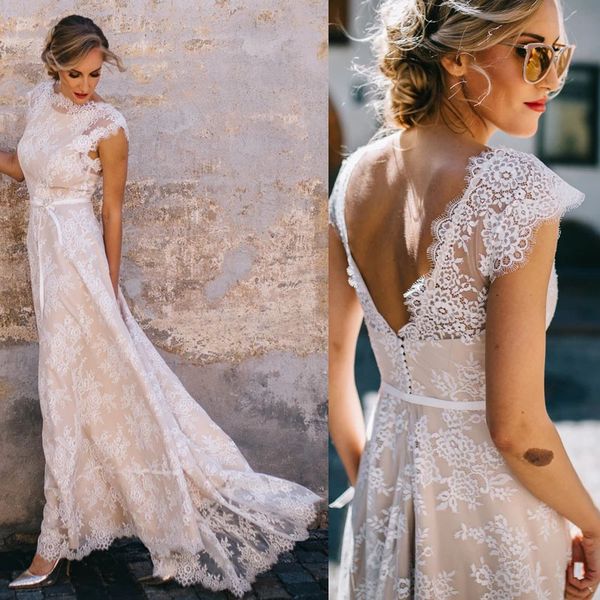 2022 vintage champagne lace boho wedding dress a line cap sleeve backless bridal gown vestidos de novia custom made, White
2022 vintage champagne lace boho wedding dress a line cap sleeve backless bridal gown vestidos de novia custom made, White