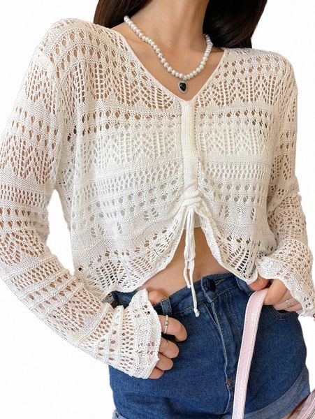 women's sweaters dazy drawstring front pointelle knit sweater without tube l11j#, White;black
women's sweaters dazy drawstring front pointelle knit sweater without tube l11j#, White;black