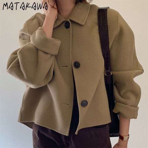 women's wool blends matakawa jackets korean fashion vintage turn down collar casual loose puff sleeve woolen short women coat solid ves, Black
women's wool blends matakawa jackets korean fashion vintage turn down collar casual loose puff sleeve woolen short women coat solid ves, Black