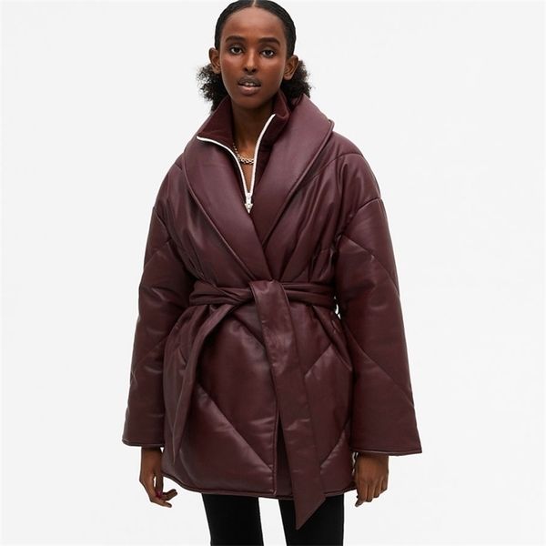 women's down parkas malina autumn winter fashion loose solid pu leather coats elegant tie belt cotton jackets female ladies 220905, Black
women's down parkas malina autumn winter fashion loose solid pu leather coats elegant tie belt cotton jackets female ladies 220905, Black