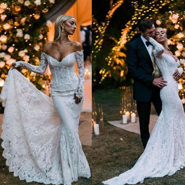 2023 gorgeous lace mermaid wedding dresses bridal gown off the shoulder long sleeves sweep train custom made country vestidos de novia, White
2023 gorgeous lace mermaid wedding dresses bridal gown off the shoulder long sleeves sweep train custom made country vestidos de novia, White
