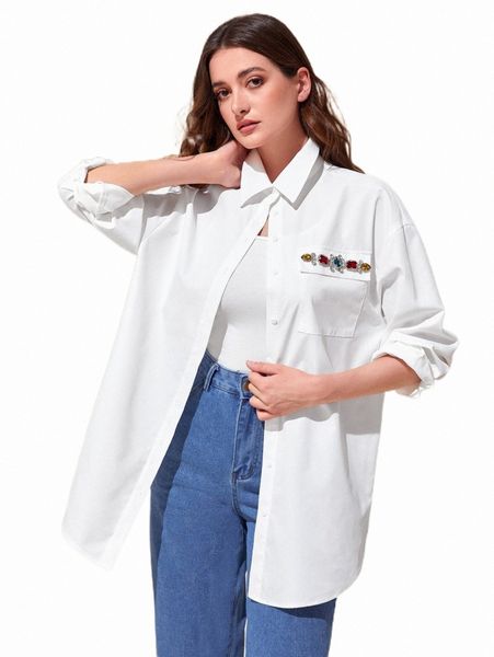 women's blouses & shirts modely rhinestone detail flap pocket drop shoulder shirt without belt g2he#, White
women's blouses & shirts modely rhinestone detail flap pocket drop shoulder shirt without belt g2he#, White