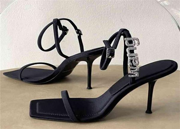 square toe women sandals crystal letters decor pumps high heels silk w, Black 
square toe women sandals crystal letters decor pumps high heels silk w, Black