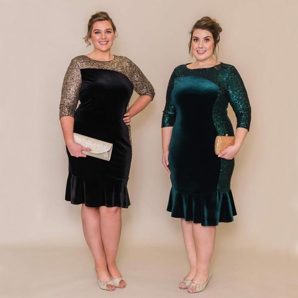sparkly plus size mother of the bride dresses jewel neck velvet evening gowns sequined long sleeves knee length mermaid wedding guest dress, Black;red
sparkly plus size mother of the bride dresses jewel neck velvet evening gowns sequined long sleeves knee length mermaid wedding guest dress, Black;red