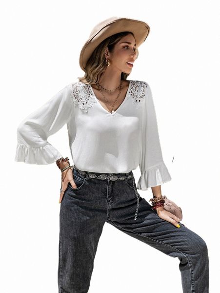 women's blouses & shirts rusttydustty solid v neck flounce sleeve lace insert blouse p5a9#, White
women's blouses & shirts rusttydustty solid v neck flounce sleeve lace insert blouse p5a9#, White