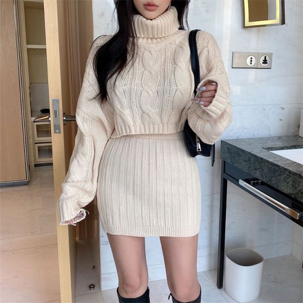 two piece dress korean chic twist knit suit women autumn winter turtleneck sweater crop mini bodycon skirt sets two piece outfit female 2209, White
two piece dress korean chic twist knit suit women autumn winter turtleneck sweater crop mini bodycon skirt sets two piece outfit female 2209, White
