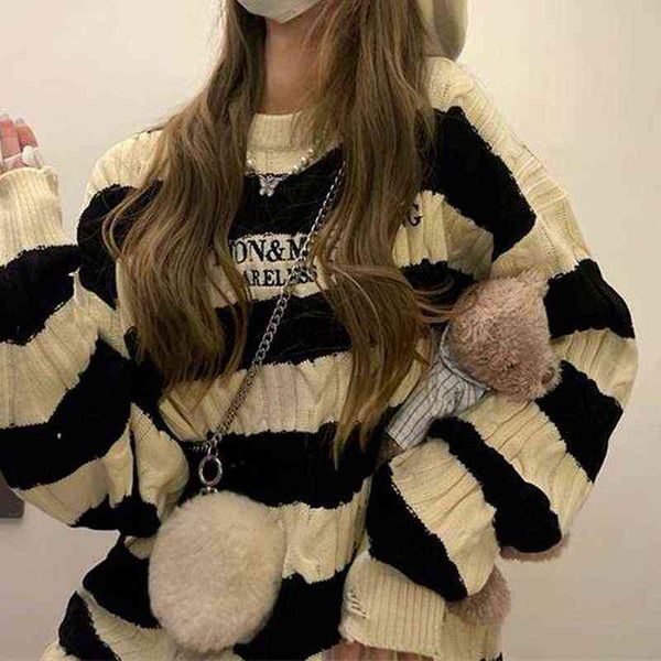 women's sweaters deeptown harajuku striped knitted sweater women korean style casual vintage oversize long sleeve crewneck jumper femal, White;black
women's sweaters deeptown harajuku striped knitted sweater women korean style casual vintage oversize long sleeve crewneck jumper femal, White;black