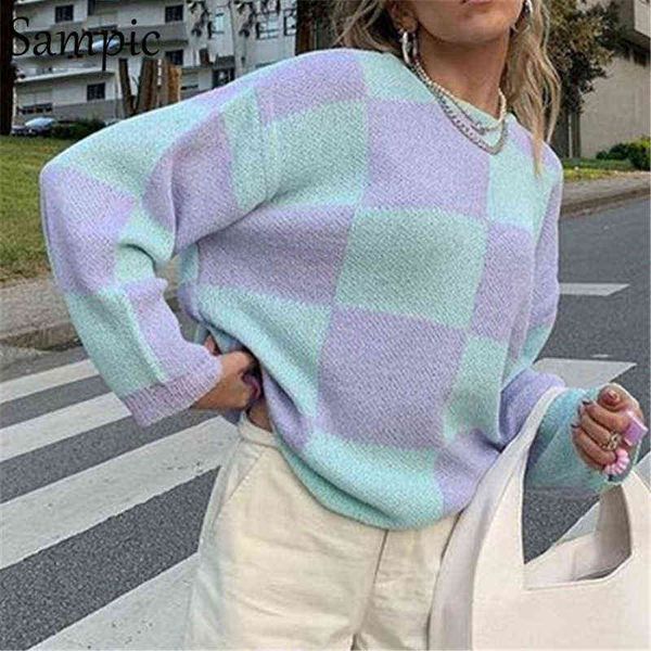 women's sweaters pastel check jump cozy oversize knit sweater lilac mint plaid pullover women y2k aesthetic clothes t220905, White;black
women's sweaters pastel check jump cozy oversize knit sweater lilac mint plaid pullover women y2k aesthetic clothes t220905, White;black