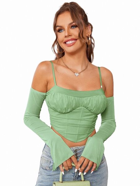 women's t-shirt parthea ruched bust cold shoulder bandana hem crop mesh o1gz#, White
women's t-shirt parthea ruched bust cold shoulder bandana hem crop mesh o1gz#, White