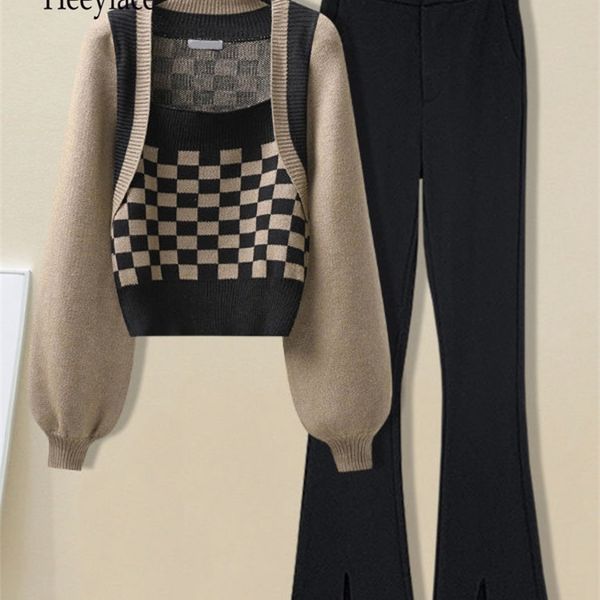 womens two piece pants autumn winter two piece sets womens outfits french vintage long sleeve patchwork knitted sweater and flare pants sets, White 
womens two piece pants autumn winter two piece sets womens outfits french vintage long sleeve patchwork knitted sweater and flare pants sets, White
