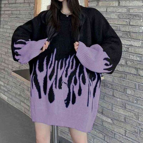 women's sweaters deeptown gothic streetwear purple fire printed knitted sweater women harajuku hippie vintage o-neck oversize long slee, White;black
women's sweaters deeptown gothic streetwear purple fire printed knitted sweater women harajuku hippie vintage o-neck oversize long slee, White;black