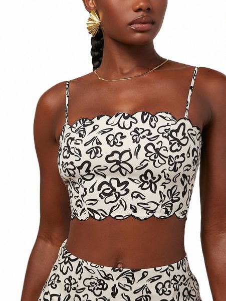 women's tanks & camis floral print scallop trim cami 91yk#, White 
women's tanks & camis floral print scallop trim cami 91yk#, White