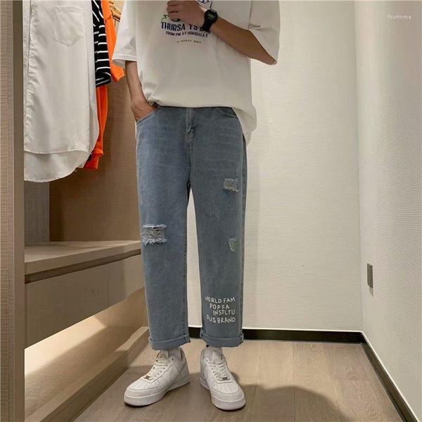 men's jeans thin section high street ripped men's loose straight summer nine-point casual pants korean style trendy, Blue
men's jeans thin section high street ripped men's loose straight summer nine-point casual pants korean style trendy, Blue