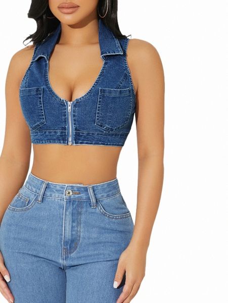 women's t-shirt dual pocket zipper crop tank denim a0wz#, White 
women's t-shirt dual pocket zipper crop tank denim a0wz#, White