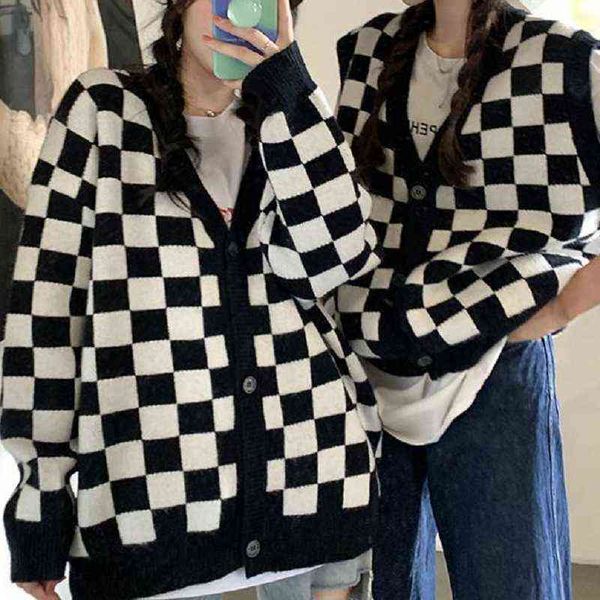 women's sweaters deeptown korean style oversize plaid cardigan sweater women vintage checkerboard knit jacket fashion long sleeve jumpe, White;black
women's sweaters deeptown korean style oversize plaid cardigan sweater women vintage checkerboard knit jacket fashion long sleeve jumpe, White;black