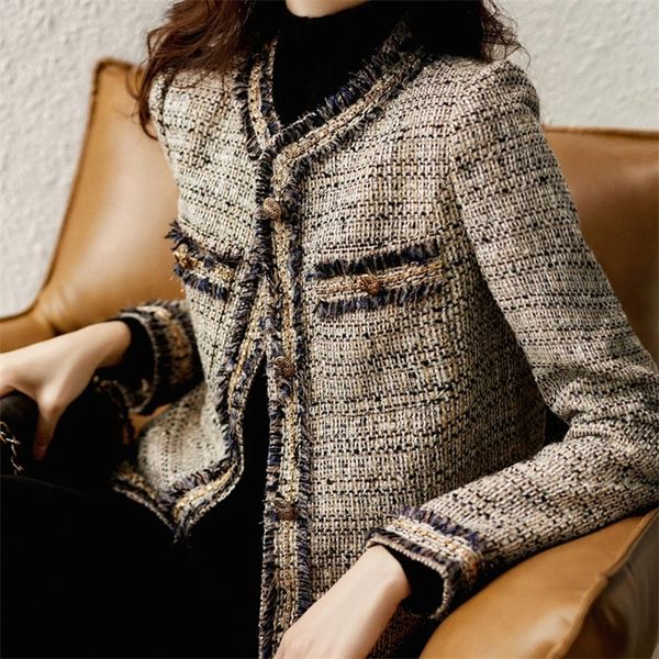womens jackets luxury french woolen tweed jacket women long sleeve temperament short coat autumn winter vintage outwear coats 220906, Black;brown
womens jackets luxury french woolen tweed jacket women long sleeve temperament short coat autumn winter vintage outwear coats 220906, Black;brown